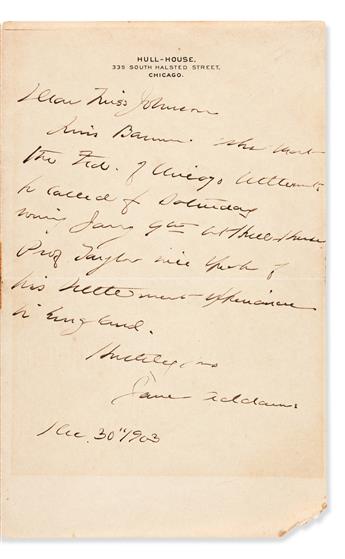 (SUFFRAGISTS.) Two Autograph Letters Signed: Julia Ward Howe * Jane Addams.